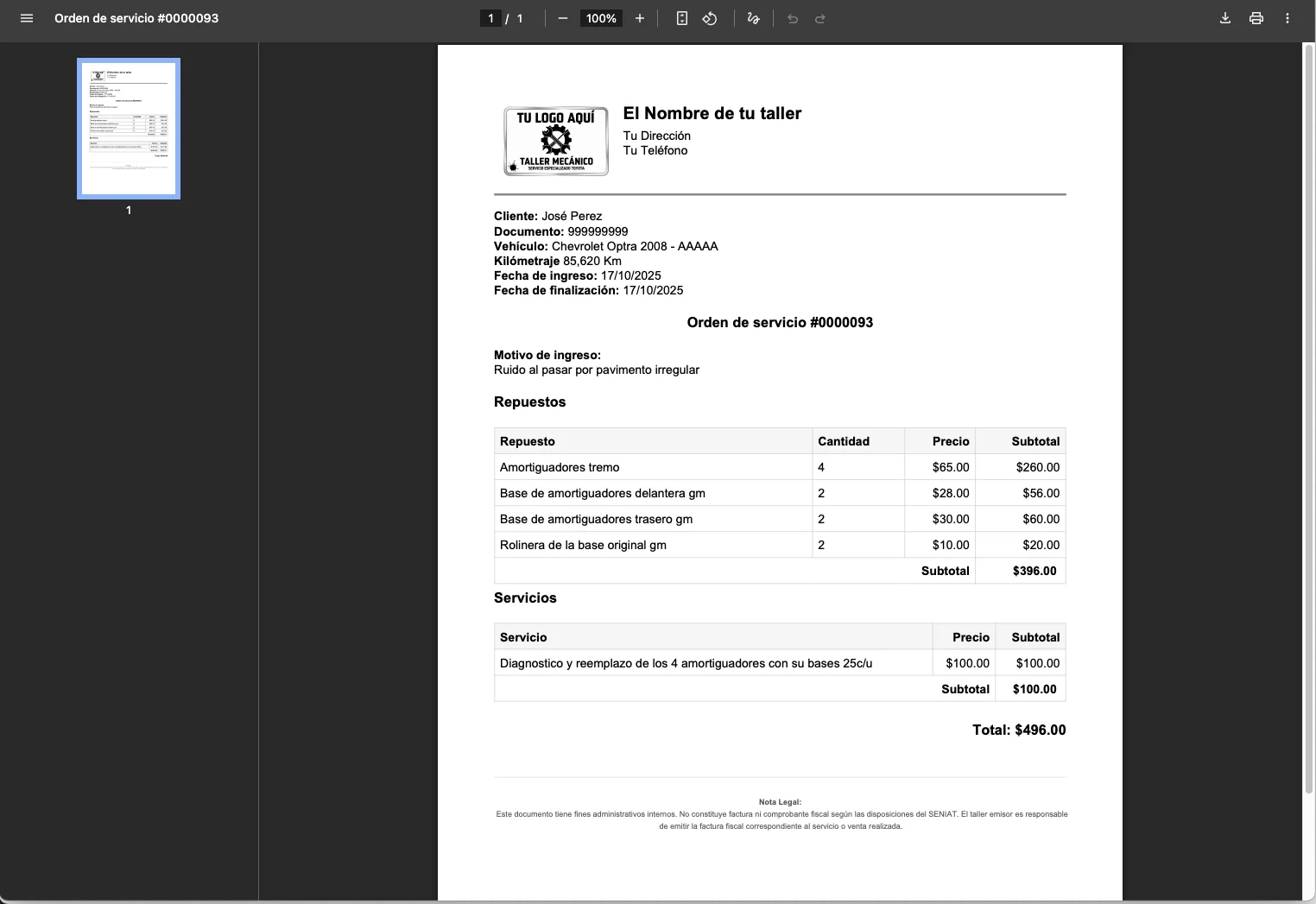 Vista previa de orden de trabajo - TallERP